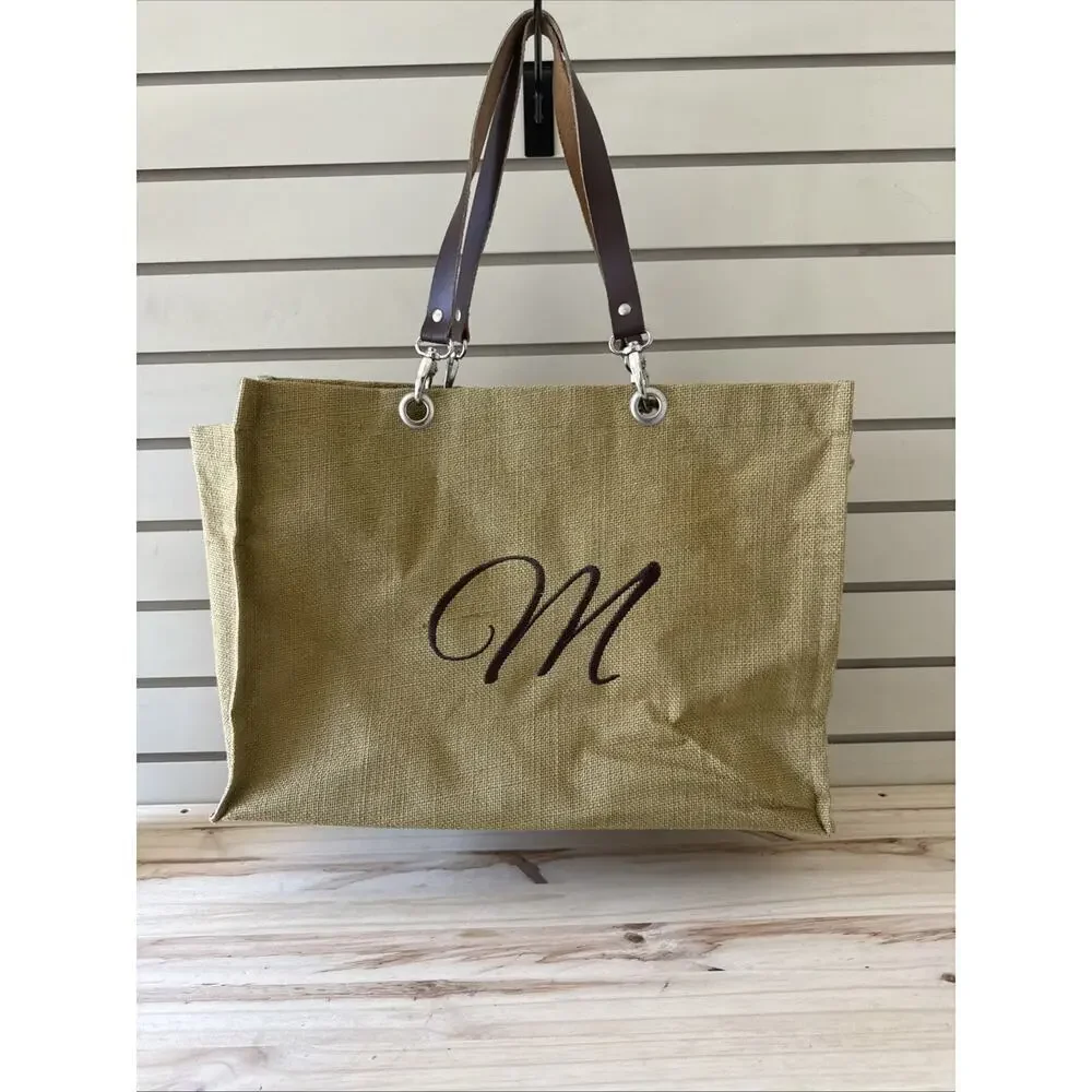 Natural Burlap Jute Tote Bag w/leather handles 17x7x12" M On The Front - Picture 1 of 8